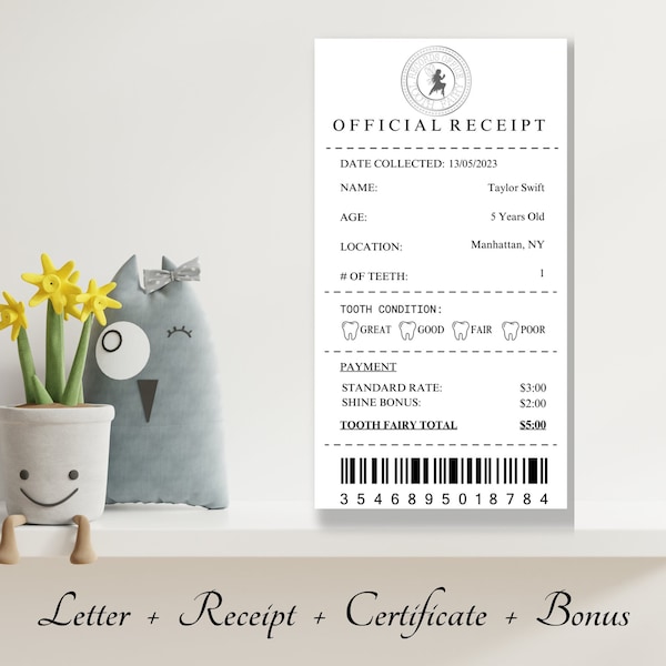 EDITABLE Tooth Fairy RECEIPT PACK for Girls & Boys.  Just Download, Edit and Print then place with a Note or Coin under your Childs Pillow