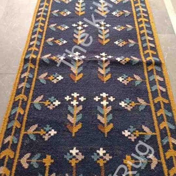 Kilim Rug runner Handwoven Wool and Jute Rug Handmade Kilim Dhurrie Rug, Motifs Oriental Traditional Indian Geometric Turkish Home