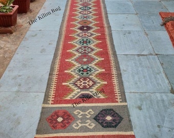 Handmade Kilim Runner, Multicolor; Jute Rug wool rug Kilim Dhurrie; traditional , Custom Runner,2.5x22,2.5x26,2.5x30 Feet. Stair Red Runner