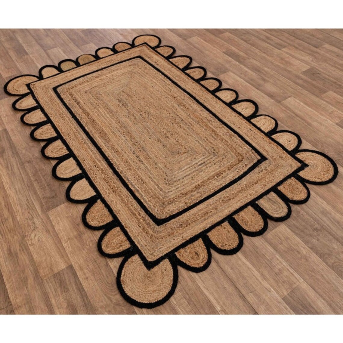 Scalloped jute rug Indian Braided Rug black bordered Jute Rug Etsy