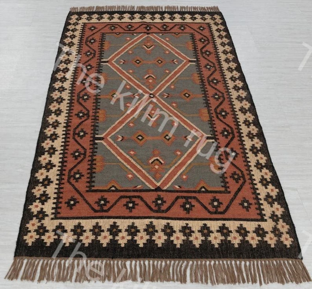 Handwoven Kilim Rug, Wool and Jute Rug Handmade, Kilim Dhurrie Rug