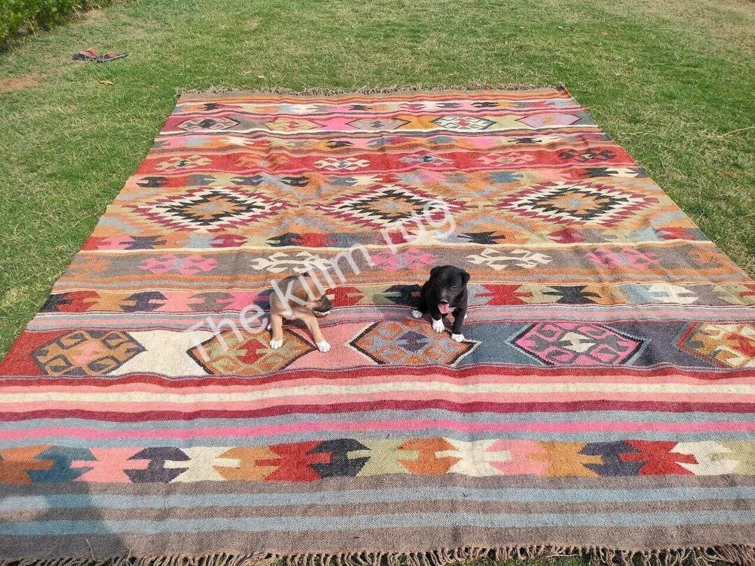 8x10 Handmade Kilim Rug, Jute Kilim Blue Black White Dhurrie Rug