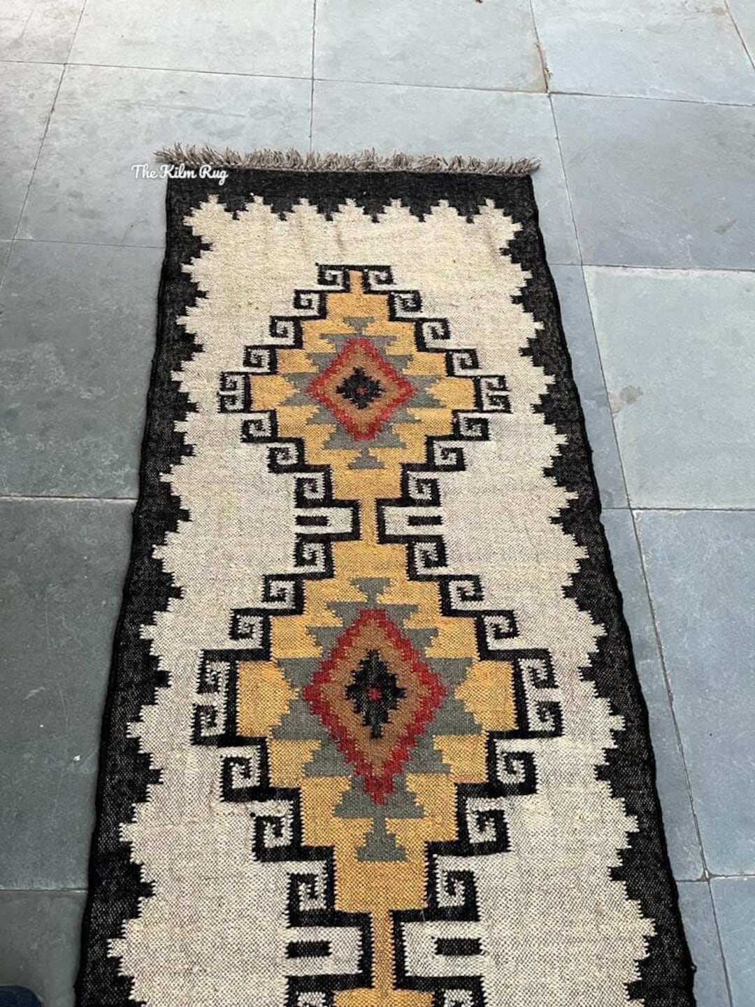 2x8 Ft Kilim Runner, Wool Jute Rugblack & White Runner Wool Jute