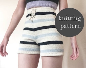 High Waisted Stripe Shorts - PDF Knitting Pattern Instant Download - Summer Lounge Knit Shorts for Women, Egyptian Cotton, Bermuda Style