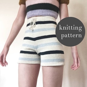 High Waisted Stripe Shorts - PDF Knitting Pattern Instant Download - Summer Lounge Knit Shorts for Women, Egyptian Cotton, Bermuda Style
