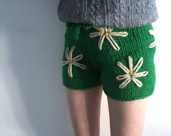 Daisy Shorts Knitting Pattern - PDF Instant Download - Embroidered Chunky High Waisted Knit Shorts for Women, Summer Loungewear, Festival