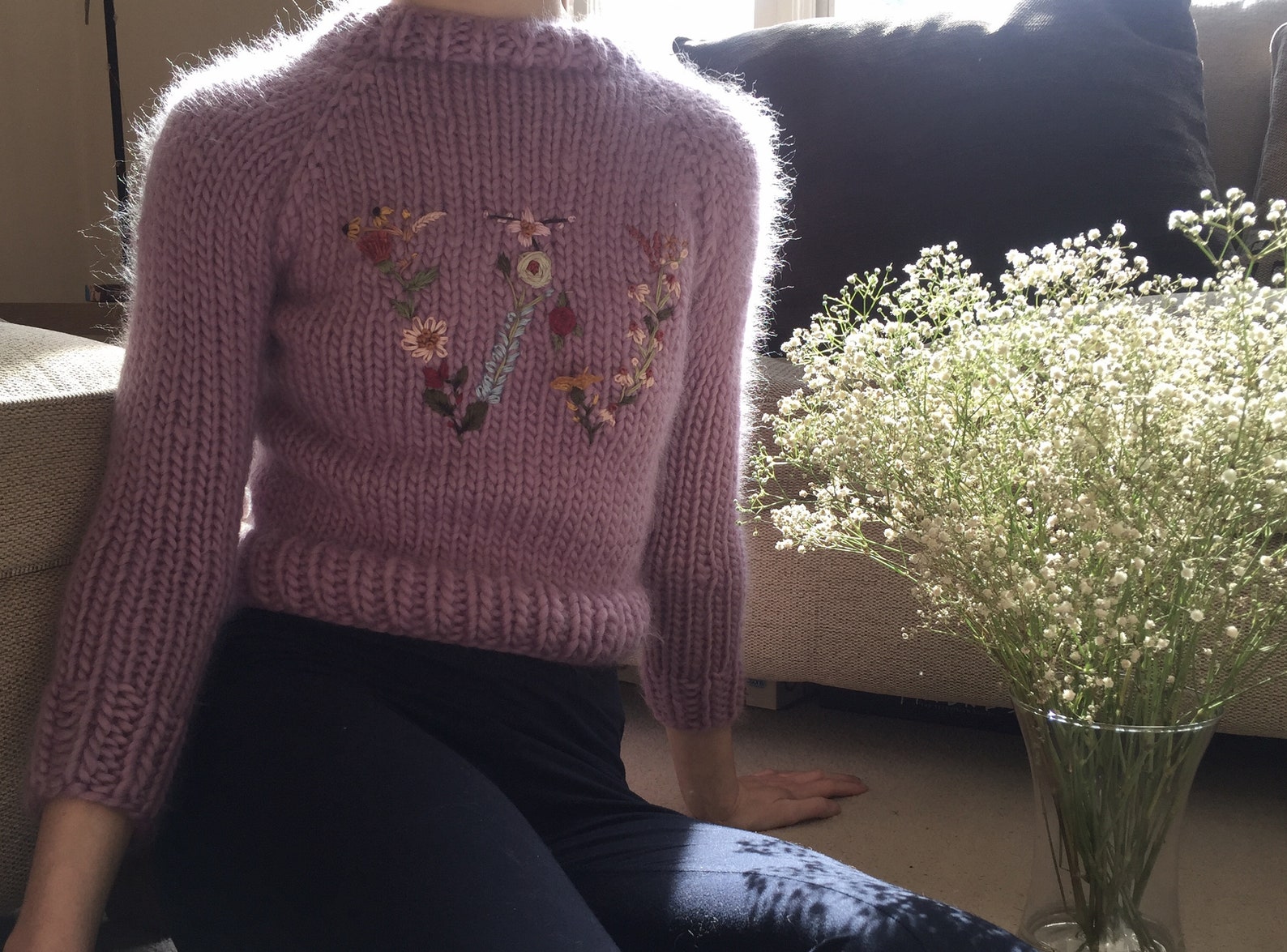 Embroidered Floral Letter Jumper Hand Knit Chunky Jumper Etsy