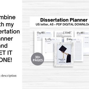 Puede incluir: Un planificador de disertaci&oacute;n digital descargable con m&aacute;s de 30 p&aacute;ginas. El planificador incluye secciones para el enfoque semanal, la lectura, la descripci&oacute;n general de la disertaci&oacute;n y los planes para celebrar. La portada presenta un gorro de graduaci&oacute;n y el texto "Journey to my PhD Dissertation Planner".
