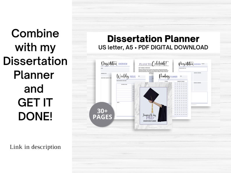 Puede incluir: Un planificador de disertaci&oacute;n digital descargable con m&aacute;s de 30 p&aacute;ginas. El planificador incluye secciones para el enfoque semanal, la lectura, la descripci&oacute;n general de la disertaci&oacute;n y los planes para celebrar. La portada presenta un gorro de graduaci&oacute;n y el texto "Journey to my PhD Dissertation Planner".