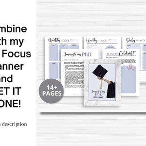 Pu&ograve; includere: Un planner di dottorato di ricerca stampabile con oltre 14 pagine. Il planner include sezioni per la concentrazione mensile, settimanale e giornaliera, nonch&eacute; piani per celebrare. Il planner ha uno schema di colori blu chiaro e bianco con una grafica di cappello di laurea.