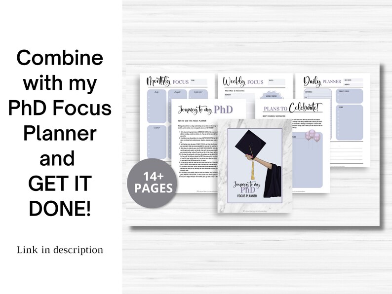 Pu&ograve; includere: Un planner di dottorato di ricerca stampabile con oltre 14 pagine. Il planner include sezioni per la concentrazione mensile, settimanale e giornaliera, nonch&eacute; piani per celebrare. Il planner ha uno schema di colori blu chiaro e bianco con una grafica di cappello di laurea.