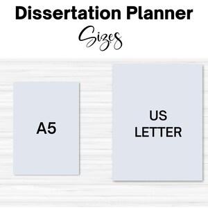 Pu&ograve; includere: Due formati di carta bianca, A5 e US Letter, sono mostrati su uno sfondo in legno. Il testo "Dissertation Planner" &egrave; in alto nell'immagine.