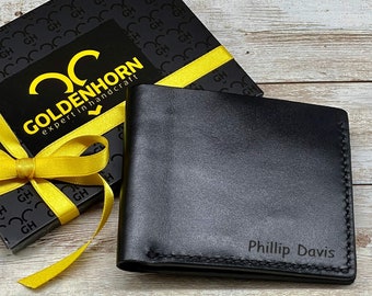 Black Leather Wallet Personalized for Him, Engraved Wallet for Anniversary Gift, Boy Friend Gift Custom Wallet