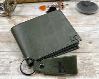 Leren portemonnee personaliseren l Aangepaste leren portemonnee l jubileumcadeau voor hem | Groene leren herenportemonnee l Groomsmen-portemonnee cadeau voor hem