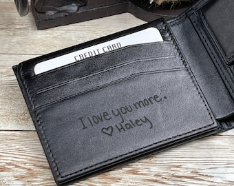 Customized Leather Wallet for Father's Day, Anniversary, Birthday, Graduation and Baptism Gift, Handwriting, Photo and Text Engravable