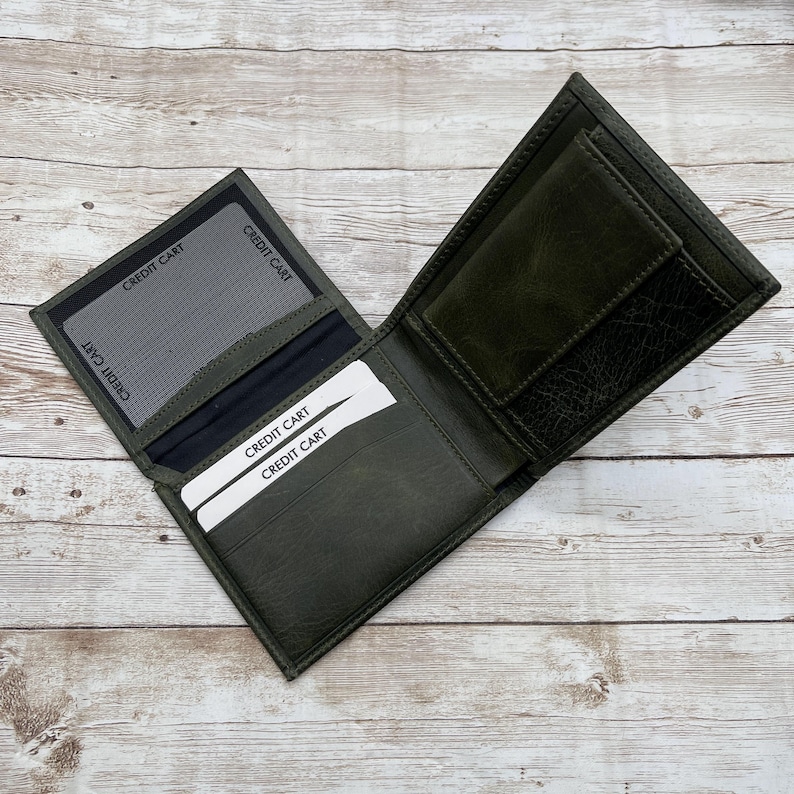 Leren portemonnee voor heren, gegraveerde leren portemonnee, minimalistische portemonnee, gepersonaliseerde portemonnee, aangepaste portemonnee, gepersonaliseerde cadeaus, kerstcadeau Green