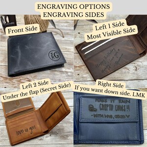 May include: A leather wallet with four different engraving options. The front side is black with the initials "J.R.G." engraved. The left side is brown with the text "Happy Birthday hubby! I love you - Bhavana". The left side under the flap is brown with the text "love u girl". The right side is blue with the text "Make it rain Crypto coins!! - With love, Jojo".