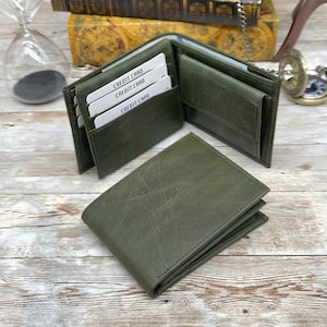 Green Leather Wallet made from Full-Grain Leather Card and Cash Holder Customized for Anniversary Gift, Dark Green, Navy Blue Wallet