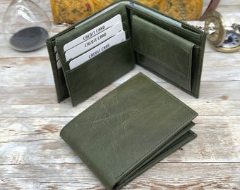 Green Leather Wallet made from Full-Grain Leather Card and Cash Holder Customized for Anniversary Gift, Dark Green, Navy Blue Wallet