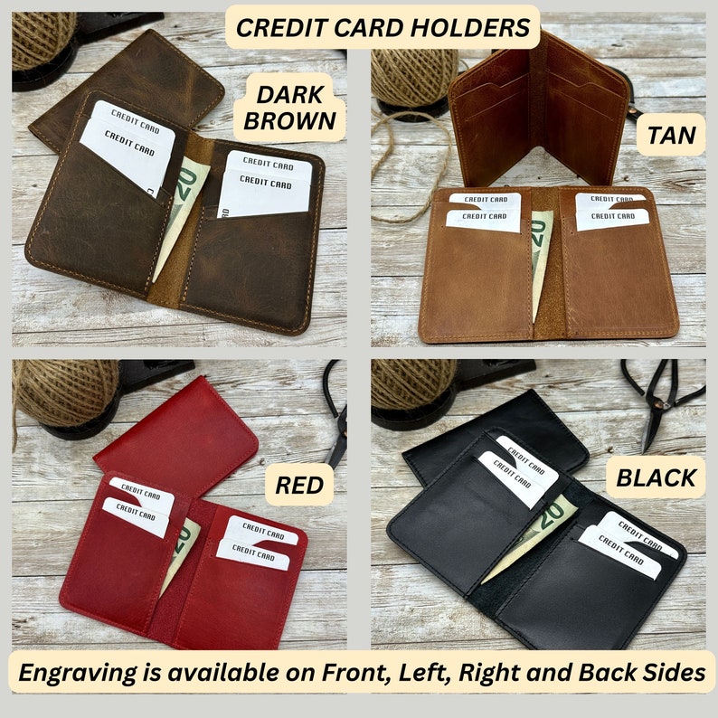 Op de afbeelding: Leren creditcardhouders in donkerbruin, bruin, rood en zwart. Elke portemonnee toont creditcards en een biljet van twintig euro. De tekst "CREDIT CARD HOLDERS" en "Engraving is available on Front, Left, Right and Back Sides" zijn zichtbaar.