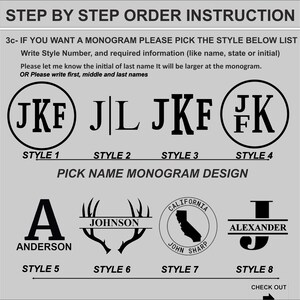 May include: A guide to monogram styles with eight different options.  The styles include a circle with initials, a vertical monogram, a horizontal monogram, a deer antler design, a state outline, and a simple initial.  The text reads "Step by Step Order Instruction" and "Pick Name Monogram Design".