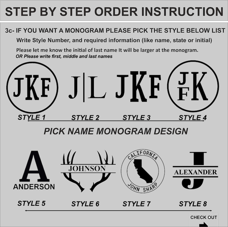 May include: A guide to monogram styles with eight different options.  The styles include a circle with initials, a vertical monogram, a horizontal monogram, a deer antler design, a state outline, and a simple initial.  The text reads "Step by Step Order Instruction" and "Pick Name Monogram Design".