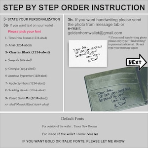 Op de afbeelding: Stapsgewijze instructies voor het bestellen van een gepersonaliseerde portemonnee. Bevat lettertype-opties zoals Times New Roman en Charter Black. Een voorbeeld van een handgeschreven bericht wordt getoond, samen met het e-mailadres voor handgeschreven personalisatie.