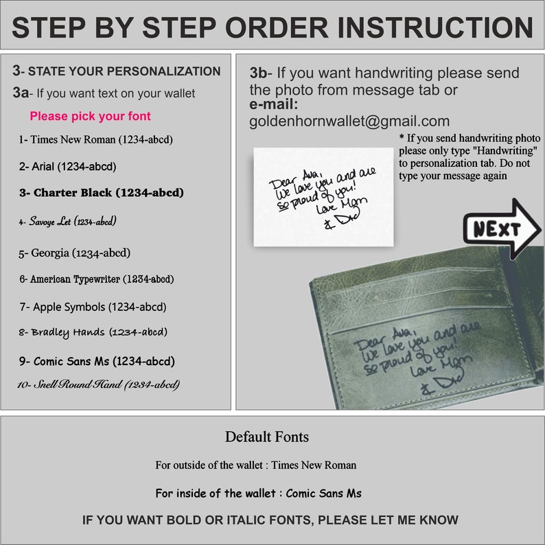 Op de afbeelding: Stapsgewijze instructies voor het bestellen van een gepersonaliseerde portemonnee. Bevat lettertype-opties zoals Times New Roman en Charter Black. Een voorbeeld van een handgeschreven bericht wordt getoond, samen met het e-mailadres voor handgeschreven personalisatie.