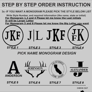 Op de afbeelding: Afbeelding met monogramontwerpopties. Bevat stijlen met initialen, namen en een omtrek van de staat Californi&euml;. Er staan ook tekstinstructies op om de klant te begeleiden bij het selecteren van een monogramstijl.