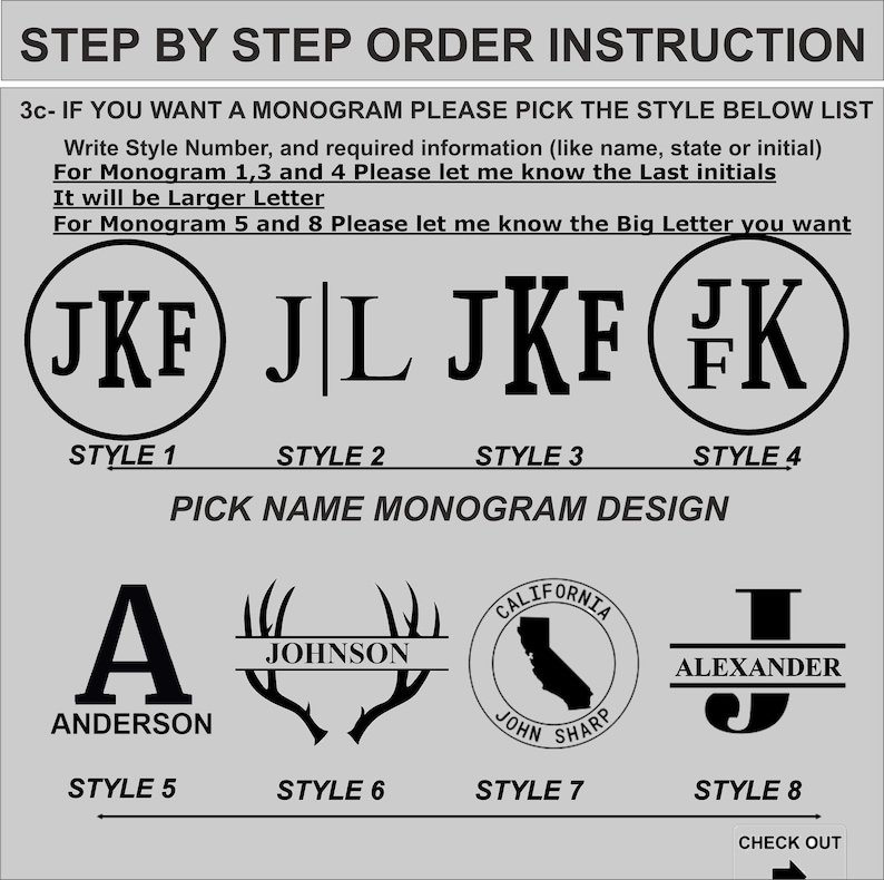 Op de afbeelding: Afbeelding met monogramontwerpopties. Bevat stijlen met initialen, namen en een omtrek van de staat Californi&euml;. Er staan ook tekstinstructies op om de klant te begeleiden bij het selecteren van een monogramstijl.