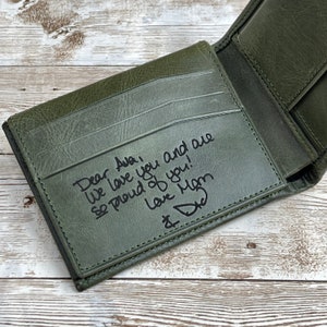 Green Leather Wallet made from Genuine Leather Card, Cash and Coin Holder Customized for Anniversary Gift