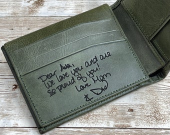 Green Leather Wallet made from Genuine Leather Card, Cash and Coin Holder Customized for Anniversary Gift