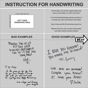 May include: A guide for handwriting on a wallet with instructions on how to write the text, including the size of the engraving area, the maximum number of lines and characters per line, and examples of good and bad handwriting. The engraving area is 3 3/4 inches by 1 3/4 inches.