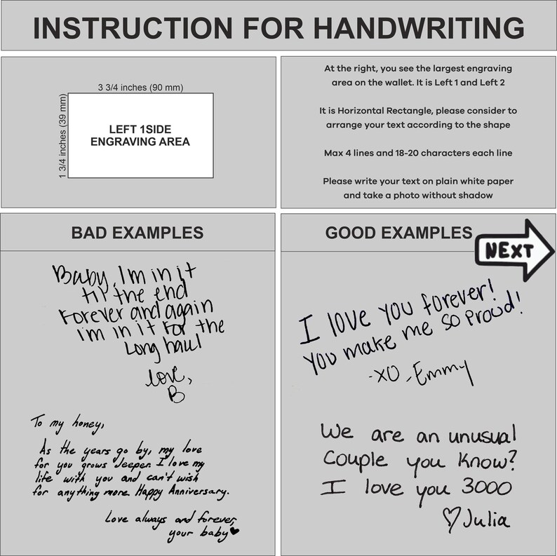 May include: A guide for handwriting on a wallet with instructions on how to write the text, including the size of the engraving area, the maximum number of lines and characters per line, and examples of good and bad handwriting. The engraving area is 3 3/4 inches by 1 3/4 inches.