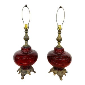 Vintage Hollywood Regency Style Ruby Red Glass Table Lamps - Set of 2