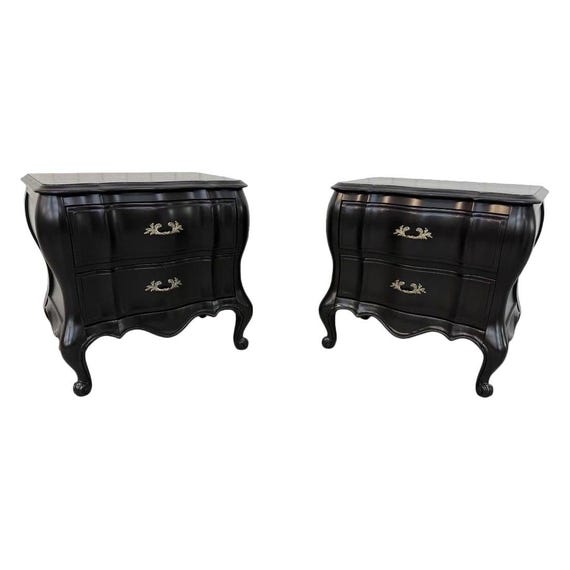 Vintage French Provincial Black Painted Bombay Nightstands - Set of 2