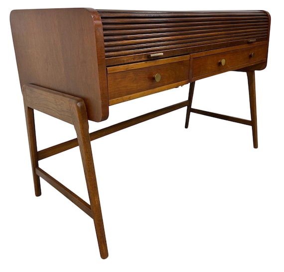Mid-Century Modern Sligh-Lowry Floating Roll-Top Walnut Desk