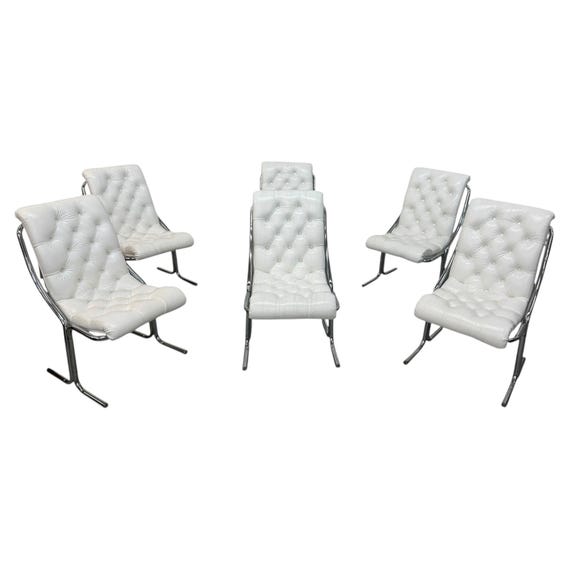 Mid-Century Modern Daystrom White Vinyl Tubular Chrome Dining Chairs - Set of 6