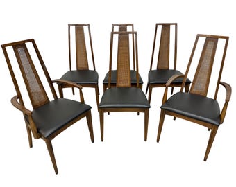 Mid-Century Modern Walnut Cane Back Dining Chairs - Set of 6