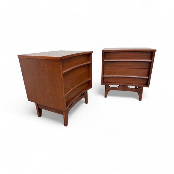 Mid-Century Modern Young Manufacturing Walnut Curved Nightstands - Set of 2