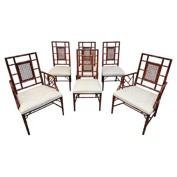 Vintage Faux Bamboo Cane Back Dining Chairs - Set of 6