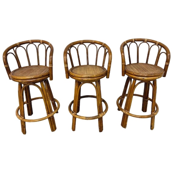 Vintage Rattan Swivel Bar Stools - Set of 3