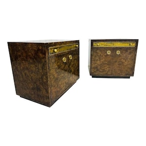 Mid-Century Modern Mastercraft Burled Wood & Brass Nightstands - Set of 2