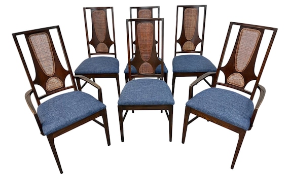 Mid-Century Modern Broyhill Brasilia II Walnut & Cane Dining Chairs - Set of 6