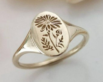 Anillo de sello de flores único / anillo de boda y compromiso / plata 925 - anillo de oro amarillo / anillo hecho a mano / anillo de aniversario / regalos para ella