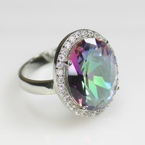 18k Gold Rainbow Mystic Ring/ Sterling Silver/ Oval Mystic Quartz Gemstones Natural Mystic Quartz