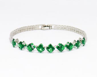 Green Emerald Color Tennis Bracelet Silver Princess Cut 6" Length