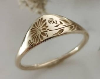 Hermoso anillo de sello de flores / anillo de boda y compromiso / plata 925 - anillo de oro amarillo / anillo hecho a mano / anillo de aniversario / regalos para ella