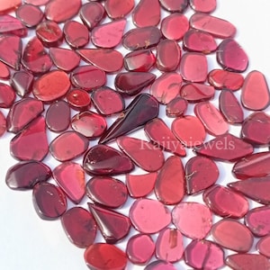 Può includere: Una collezione di schegge di pietre preziose rosse, alcune con forma appuntita, altre con forma arrotondata. Le schegge sono sparse su una superficie bianca. Rajjivaijewels è stampato sull'immagine.