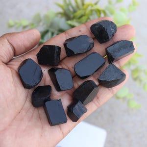 May include: A hand holding several rough, black tourmaline stones. The stones vary in size and shape, with a dark, glossy appearance. The background is blurred, with hints of green foliage.